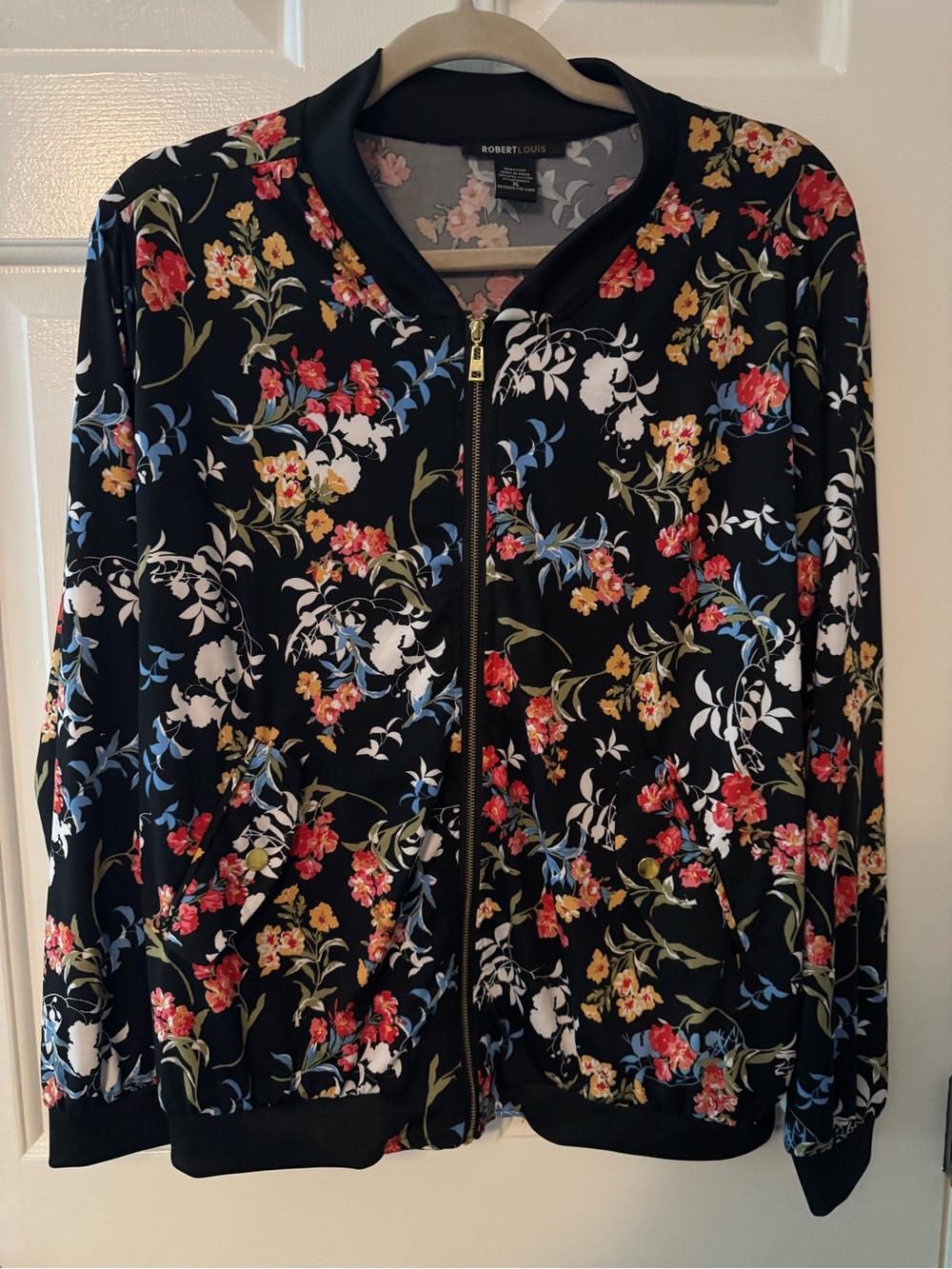 Robert Louis Black Floral Bomber Jacket with Multicolor Blooms Size XL